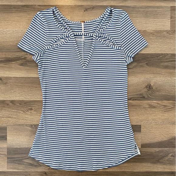 Free People Tops - Free People Blue/White Striped Cut Out T Shirt